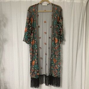 Rebellion Sheer Embroidered Kimono Fringe Detail Longline Women's Size Small
